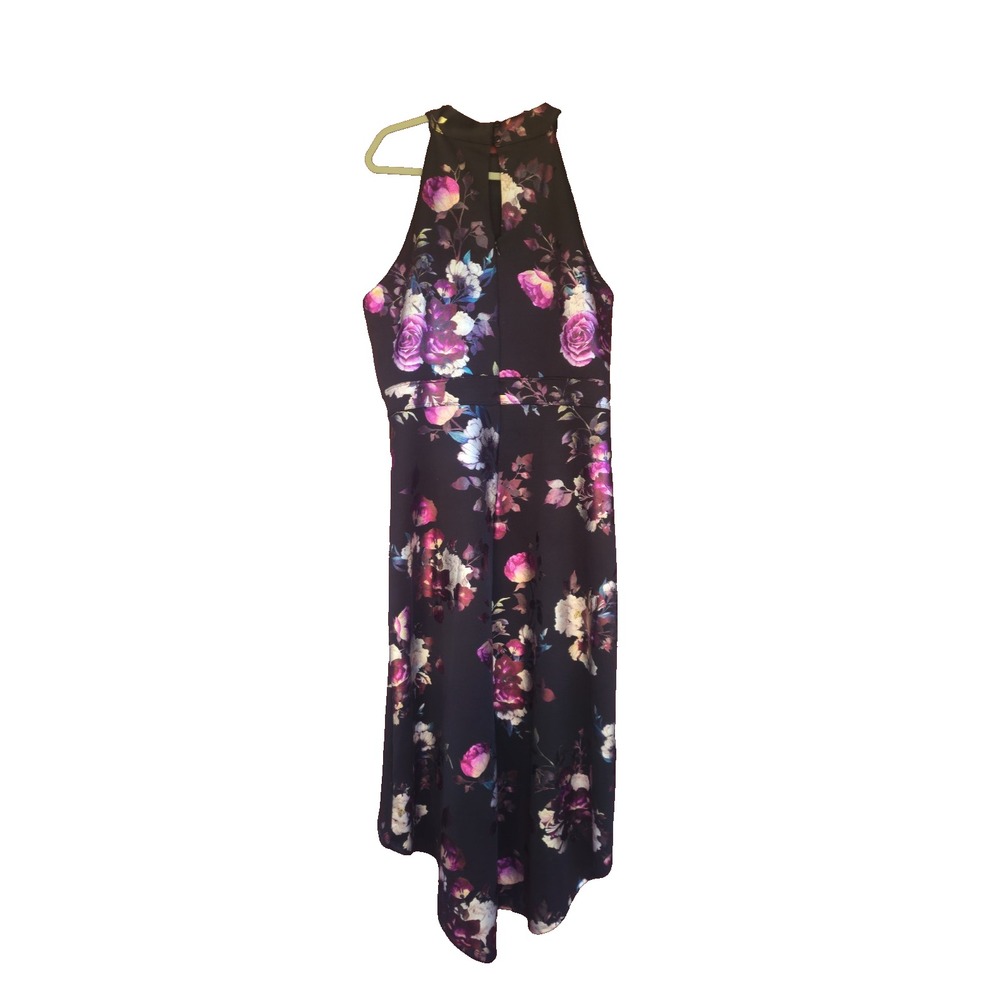 En Focus Studio 16W Dark Romantic Floral Halter High Low Metallic Satin Dress - Picture 2 of 10